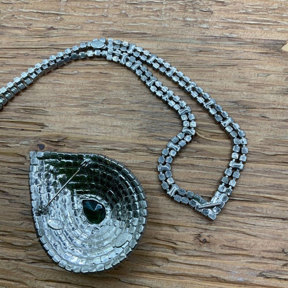 Celebrity NY Vintage Glass Green Stone Teardrop Crystal Necklace Brooch - Picture 7 of 9